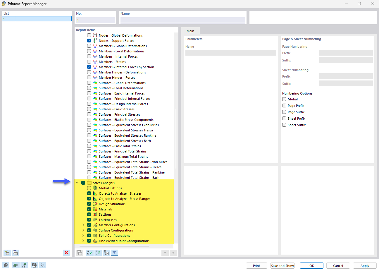 Printout Report Manager with Chapters of Stress-Strain Analysis