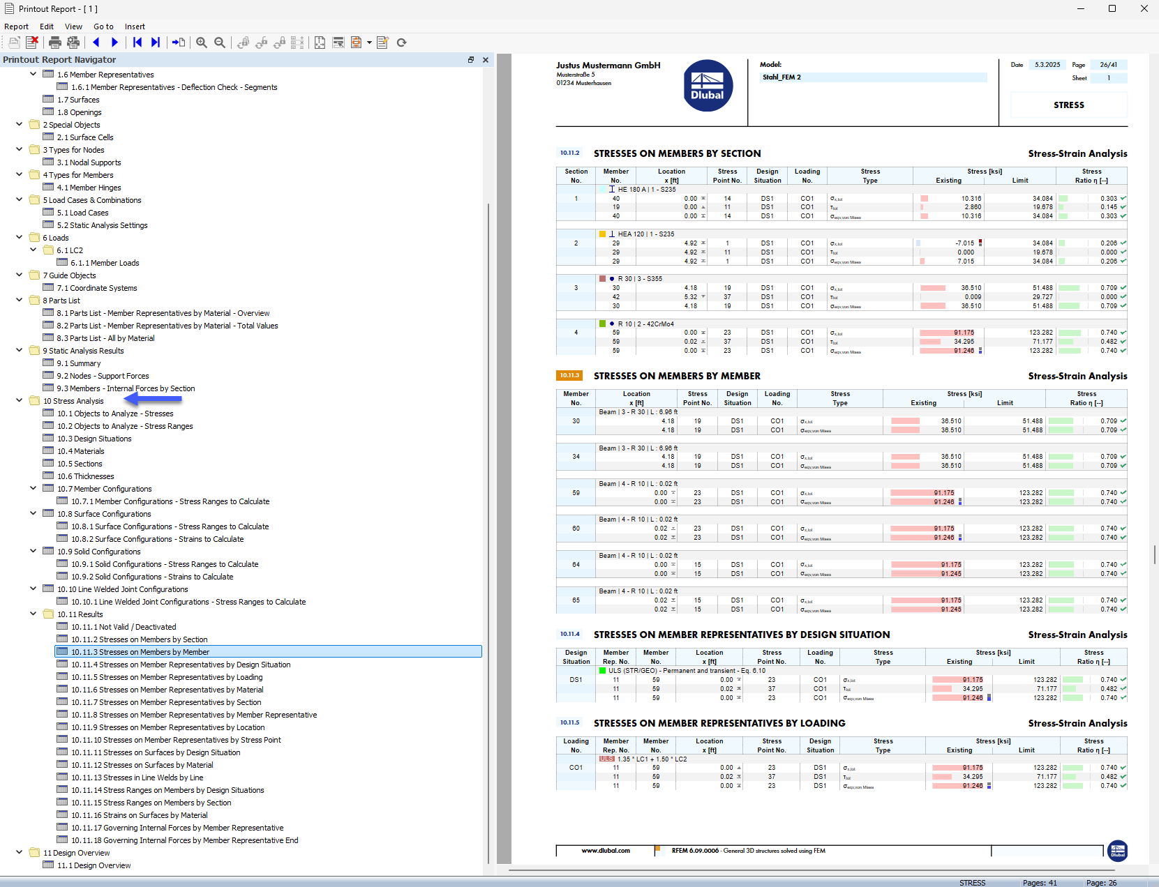 Printout Report with Stress-Strain Analysis Data