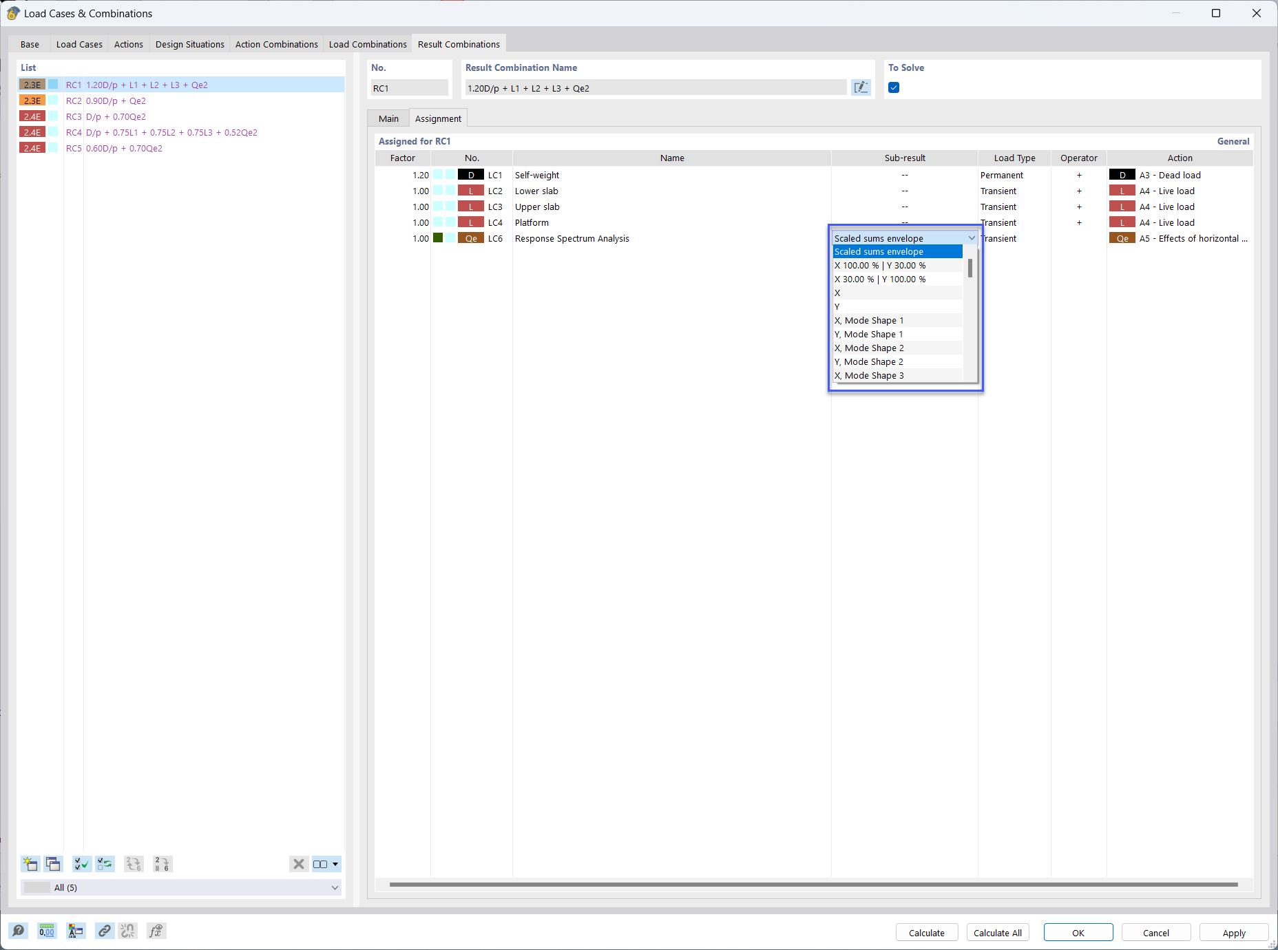 Load Cases with Factors Assigned to Result Combination