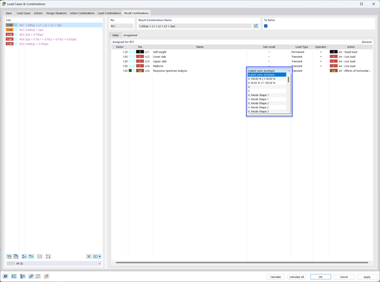 Load Cases with Factors Assigned to Result Combination