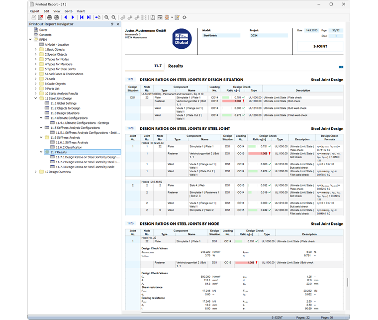 Printout Report with Data of Steel Joint Design