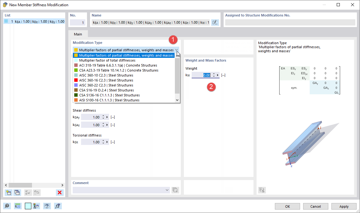 Creating Member Stiffness Modification with Zero Weight Factor