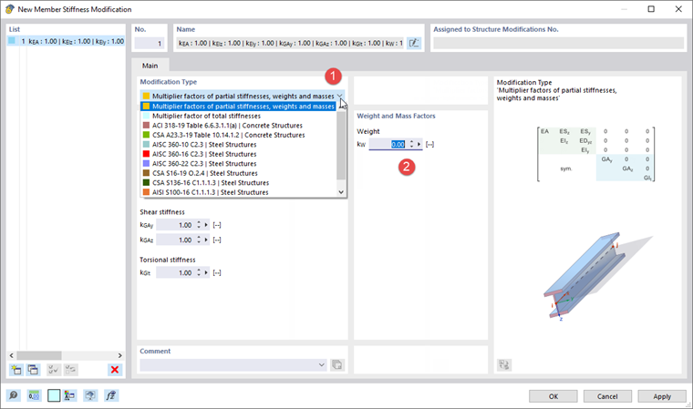 Creating Member Stiffness Modification with Zero Weight Factor