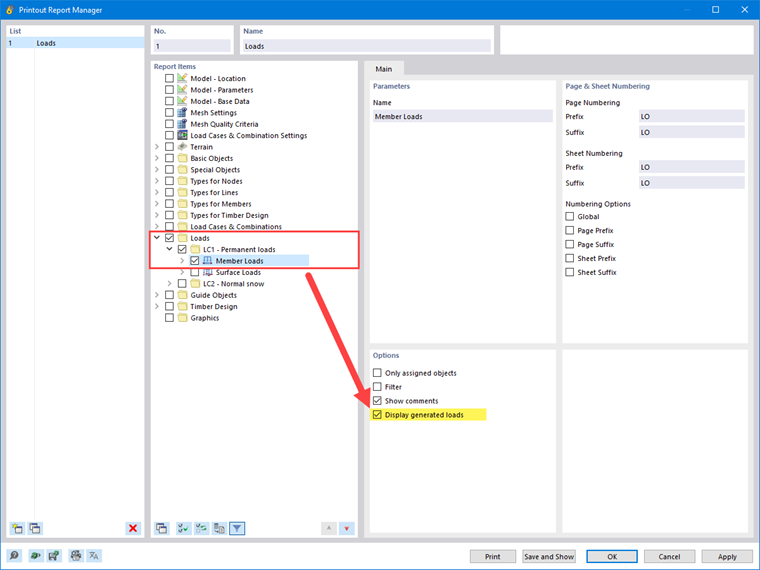 FAQ 005562 | When creating a printout report, is there any option to display the values of loads generated by load transfer surfaces?