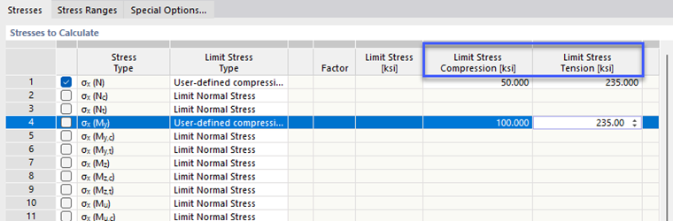 Specifying User-Defined Limit Stresses for Compression and Tension