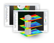 3D model of a building with wind flows and structural analysis data. The image shows a simulation of air flows around a structure.
