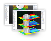 3D model of a building with wind flows and structural analysis data. The image shows a simulation of air flows around a structure.