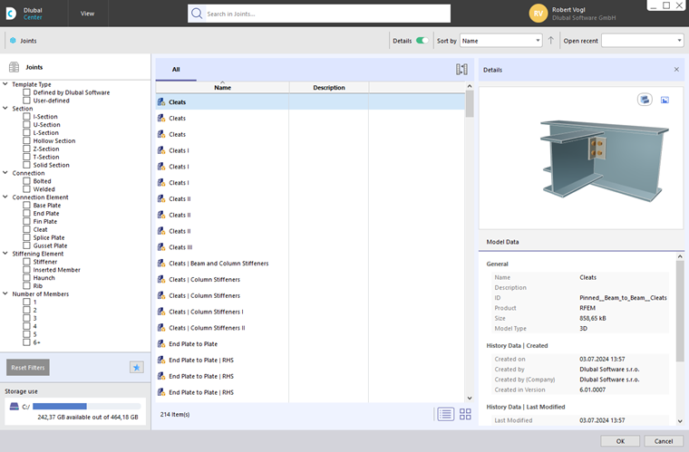 Joint Templates in Dlubal Center