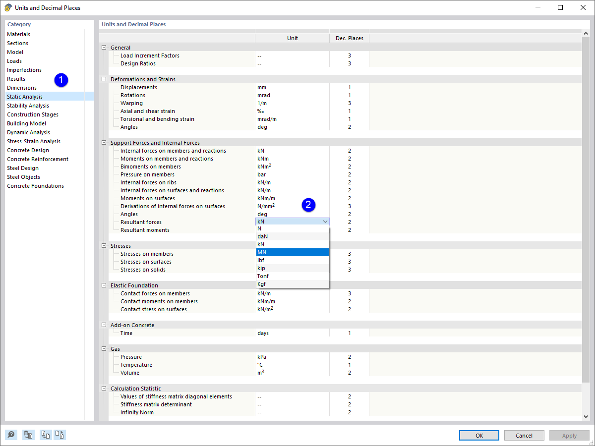 Changing Units for Static Analysis Result Values