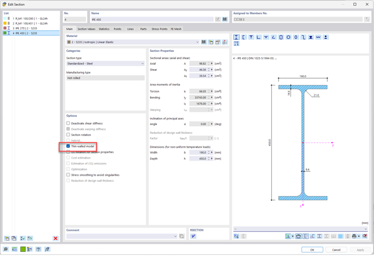 FAQ 005585 | What is the meaning of the error message "Incompatible calculation options" for members with linear section distribution (tapers)?
