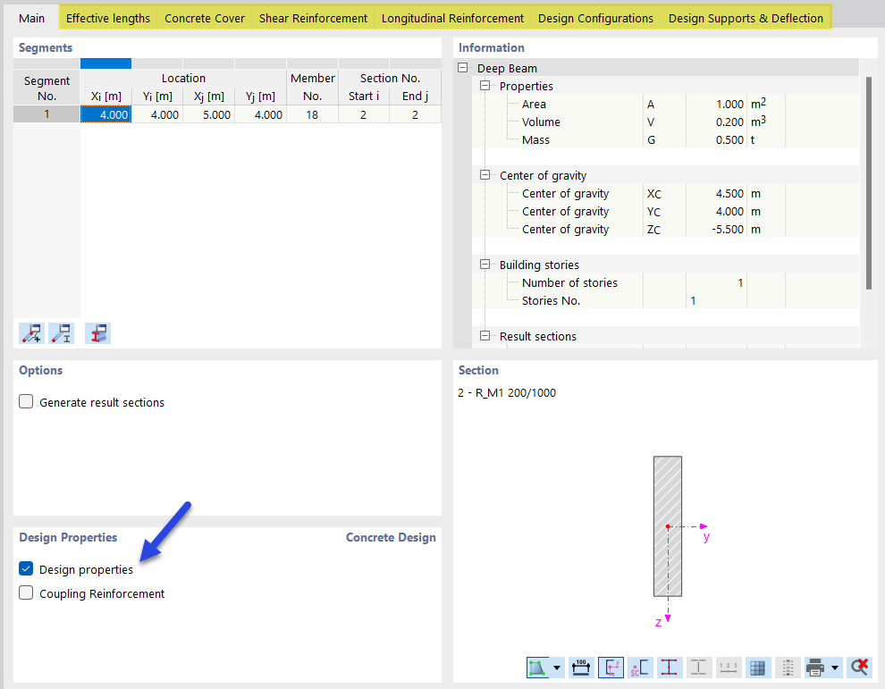 Activate design properties of a wall-like beam