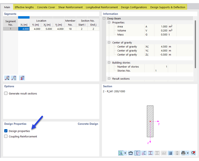 Activate design properties of a wall-like beam