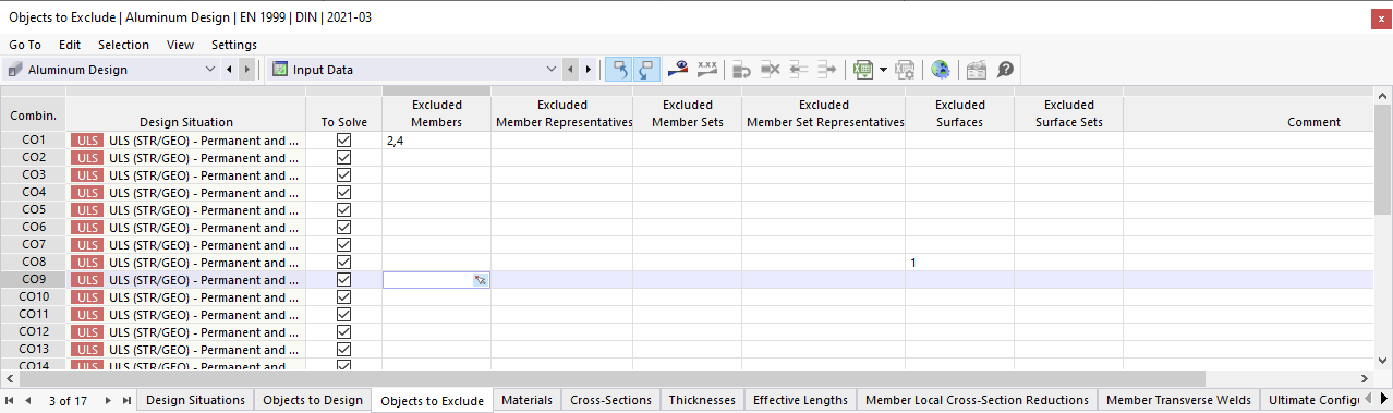 Input Table for Objects to Exclude from Design by Combination in Aluminum Design