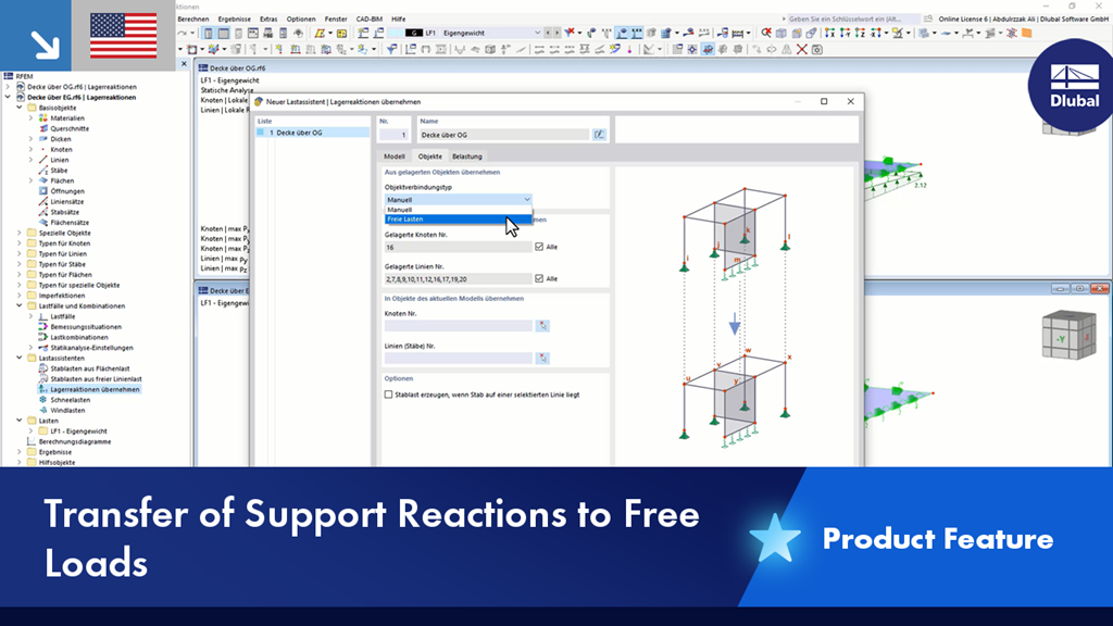 Visualization of the transfer of support reactions to free loads in building structures.