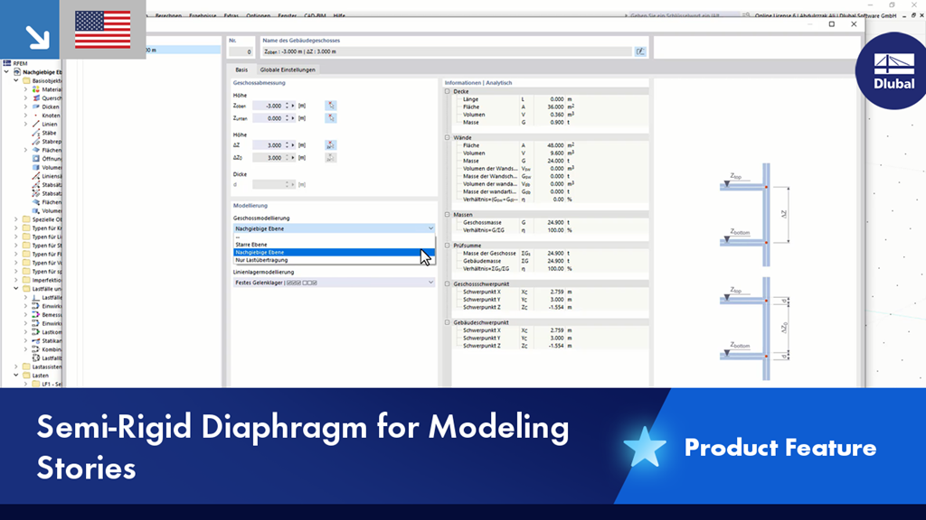 Display of the modeling of a floor slab with a semi-rigid diaphragm for simulating real building deformations.