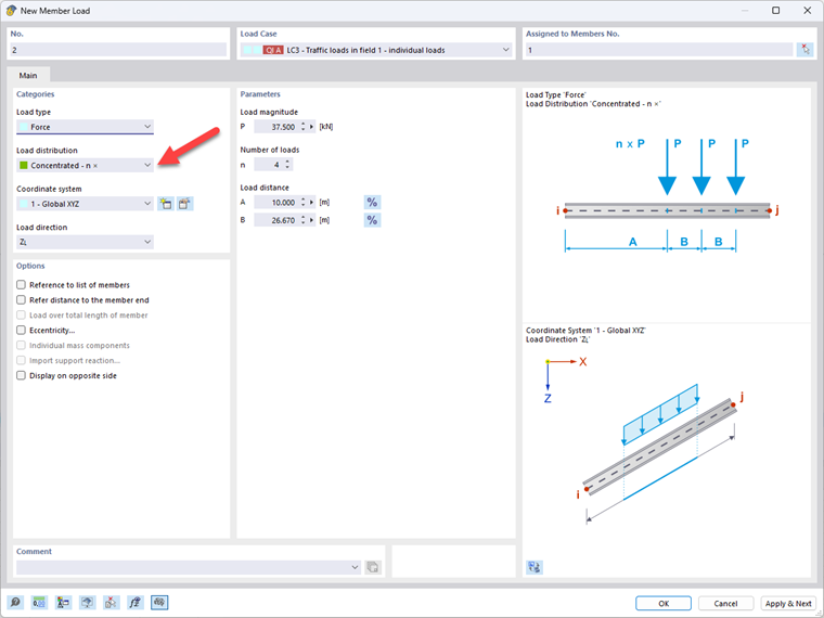 Editing Member Load – Load Type: Force – Load Distribution: Concentrated – nx