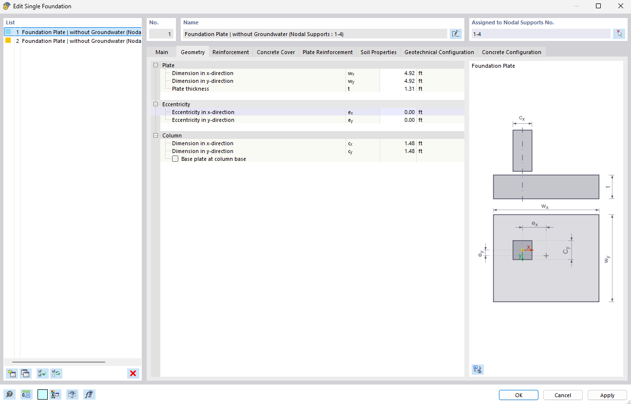 Geometric display of a foundation plate with details of the tab view.