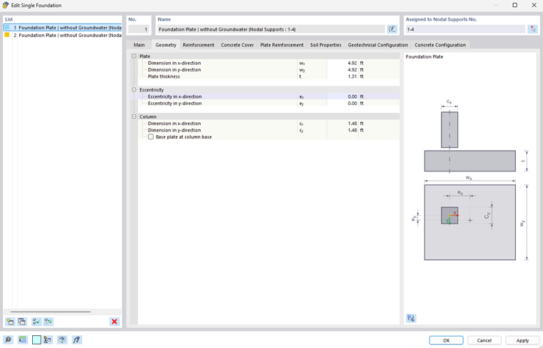 Geometric display of a foundation plate with details of the tab view.