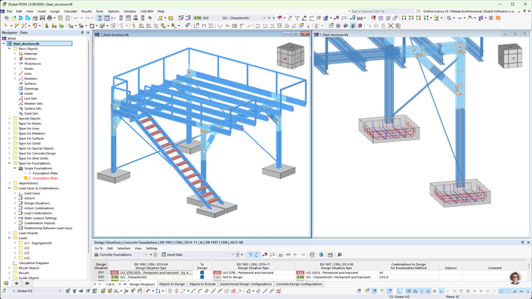 Detailed steel structure, resting on reinforced concrete foundations, with precise connections.
