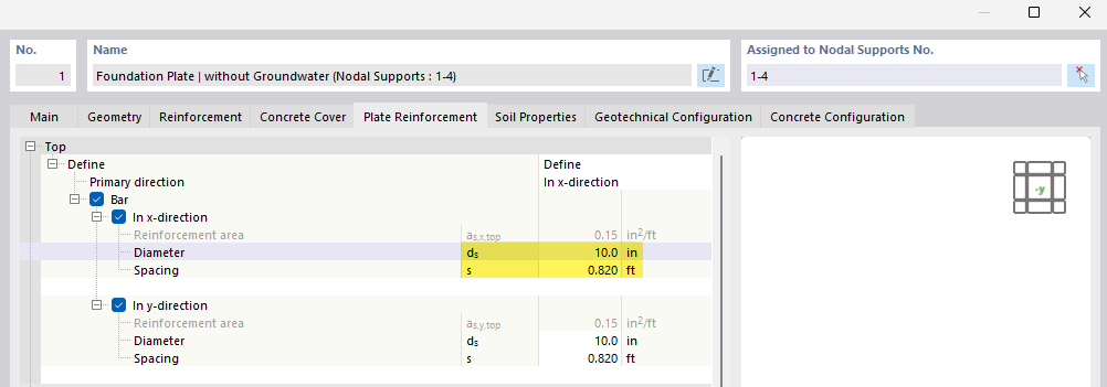 Display of settings for diameter and spacing of rebar in concrete foundations.