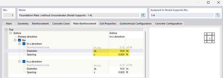 Display of settings for diameter and spacing of rebar in concrete foundations.