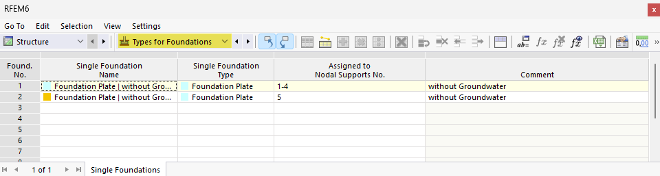 Single foundation | Assigning single foundation to a nodal support in a table