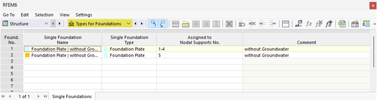 Single foundation | Assigning single foundation to a nodal support in a table