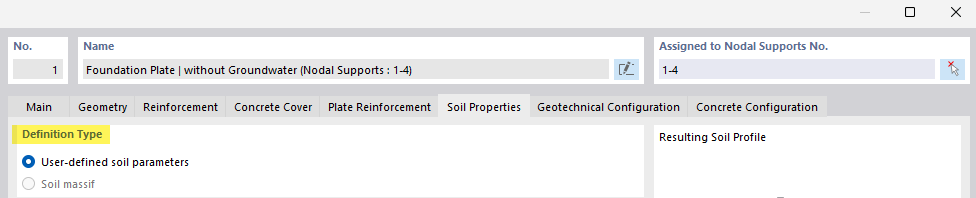 Illustration of the specific soil properties for concrete foundations in a structural analysis.