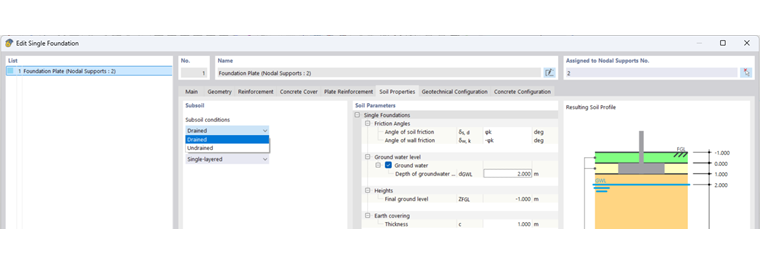 The image shows the analysis of concrete foundations, taking into account the subsoil conditions.