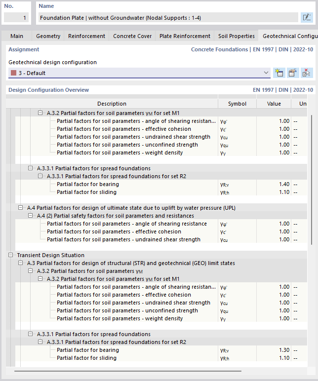 Display of a geotechnical model of concrete foundations with soil layers.