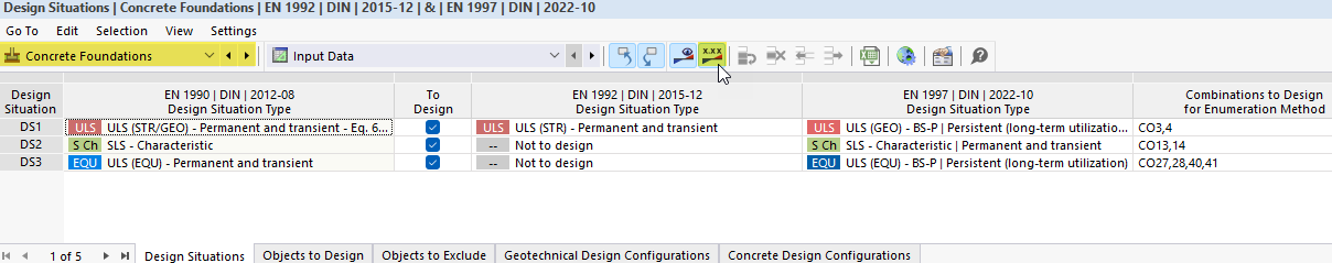 Dialog box for the design of concrete foundations in the structural analysis program.