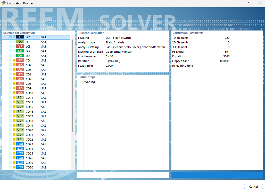 Visualization of the calculation of concrete foundations with progress display.