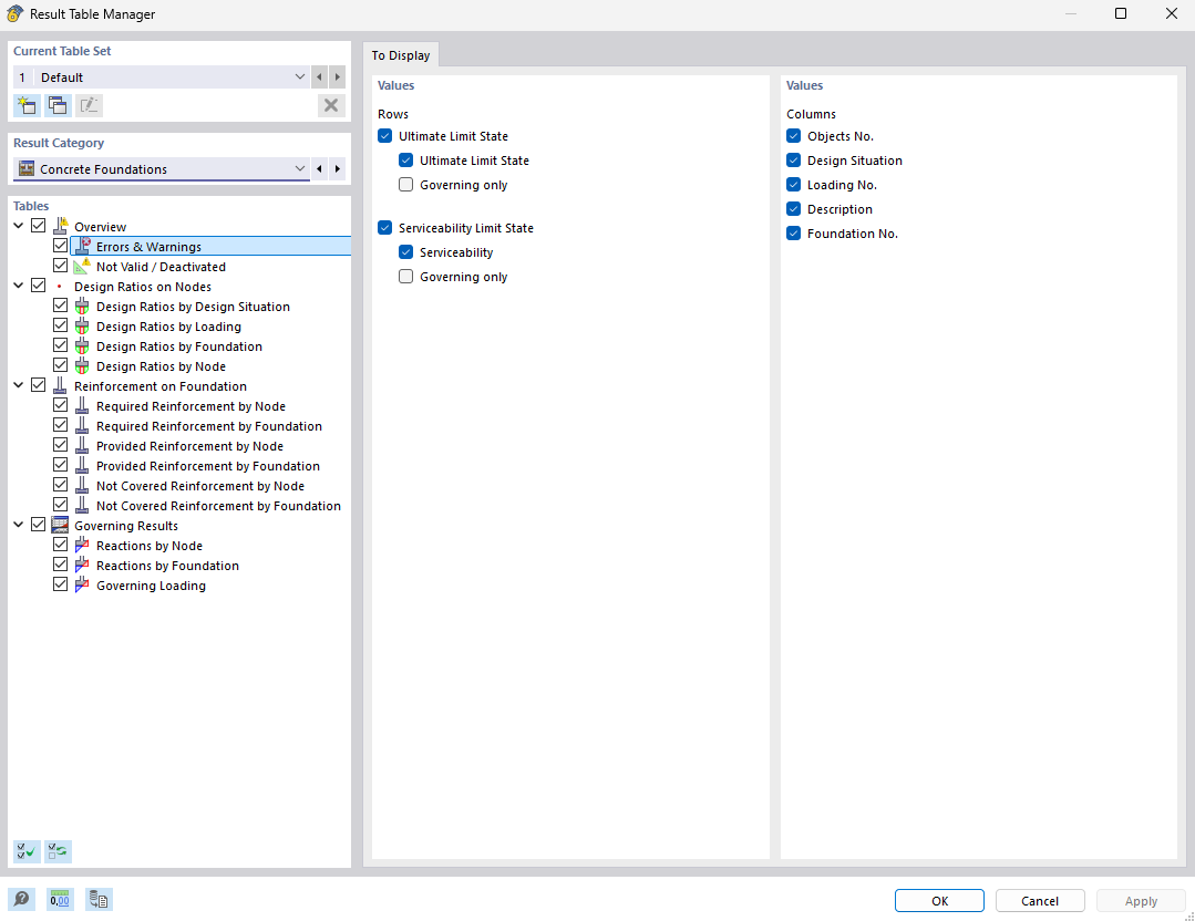Display of concrete foundations and management of result tables for structural analyses.