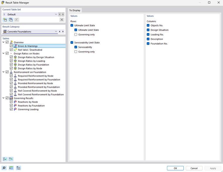 Display of concrete foundations and management of result tables for structural analyses.