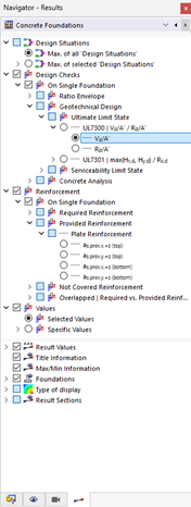 Concrete foundations are analyzed in detail in the Navigator and the results are displayed.