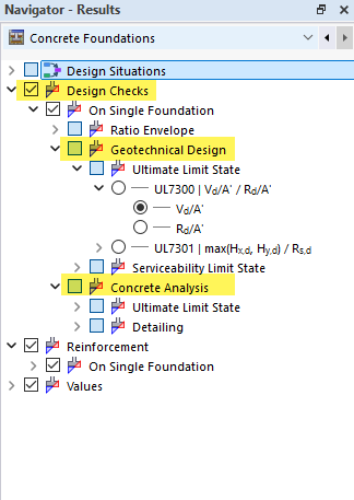 Concrete foundations with displayed geotechnical and reinforced concrete design checks in the navigator.
