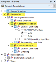 Concrete foundations with displayed geotechnical and reinforced concrete design checks in the navigator.