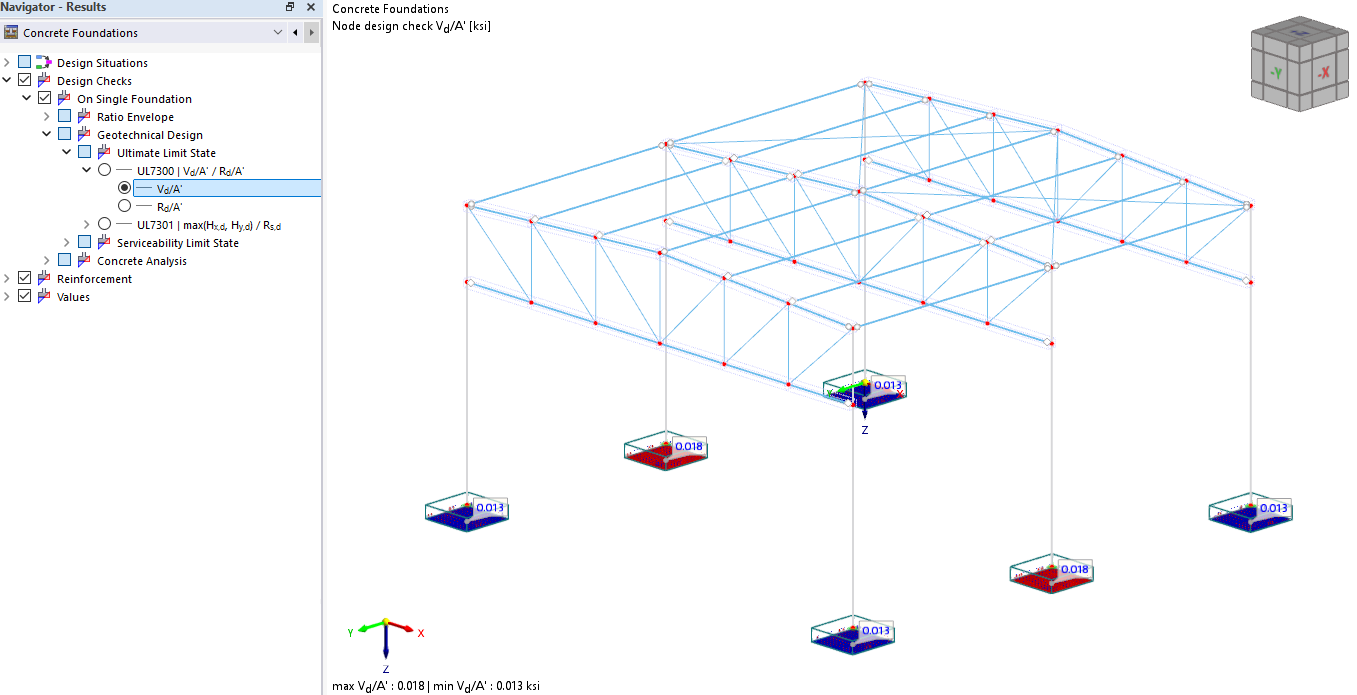 Display of reinforcement calculation and stress analysis in concrete foundations.