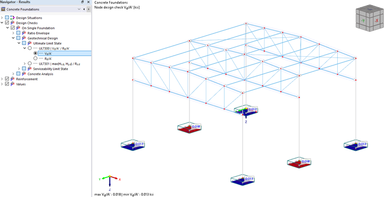 Display of reinforcement calculation and stress analysis in concrete foundations.