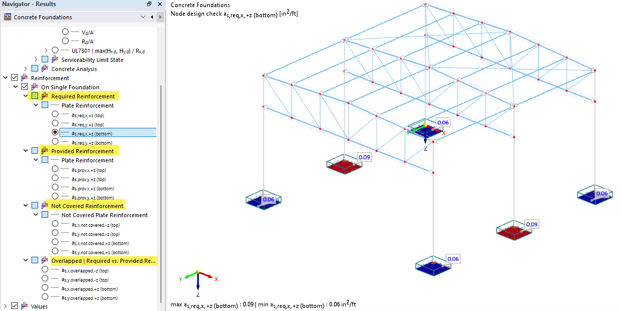Graphical display of the concrete structure with detailed reinforcement.