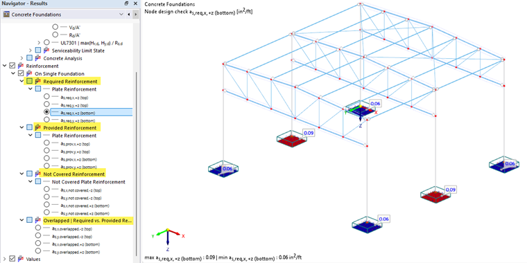Graphical display of the concrete structure with detailed reinforcement.