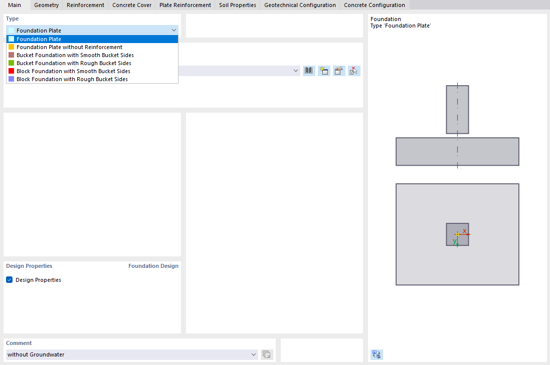 Selecting the foundation type in the "Foundations" dialog box od the add-on