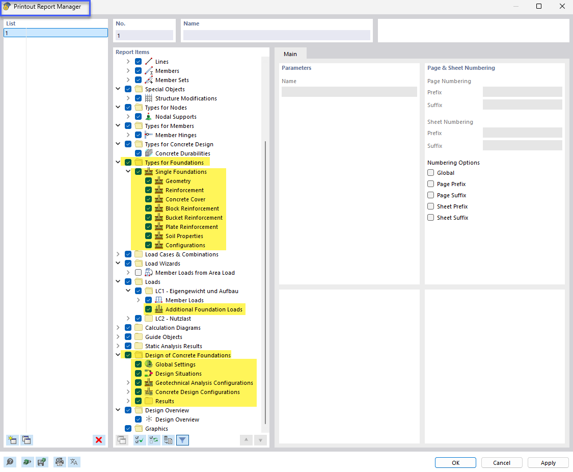 Detailed view of the printout report manager in structural design of concrete foundations.