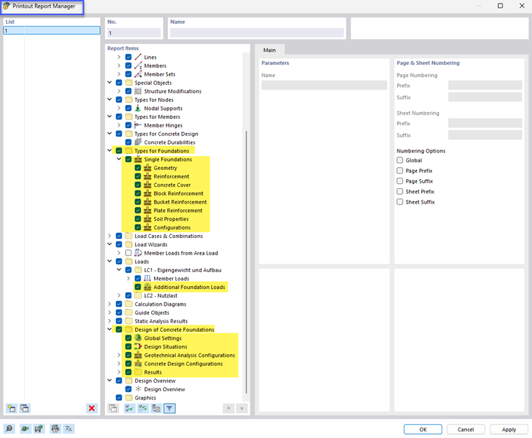 Detailed view of the printout report manager in structural design of concrete foundations.