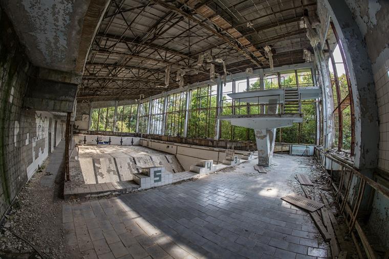 No one has swum here for a long time: the abandoned swimming pool in Prypiat, near Chernobyl.