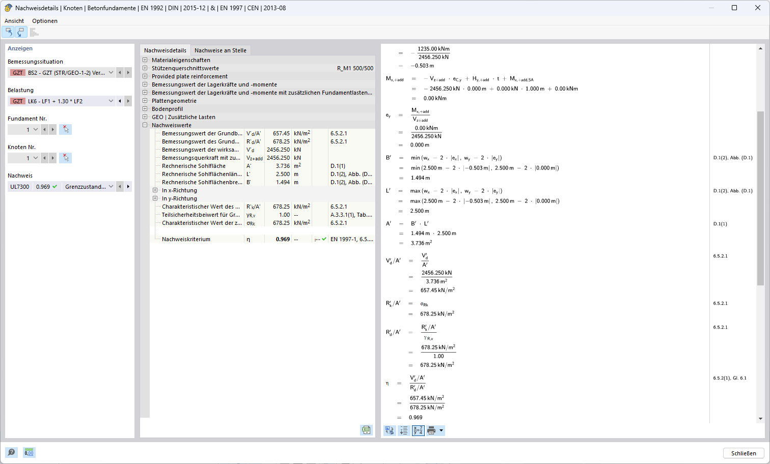 Display of the results of the design method for Combination 1-2 within an engineering application.