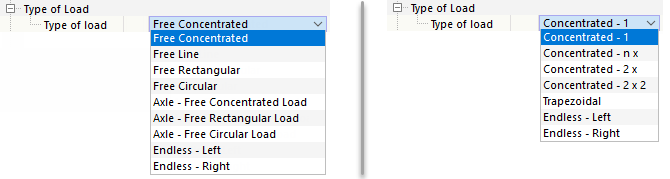 Load types for surfaces (left) and for members (right)