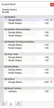 Display factors for design results in the control panel