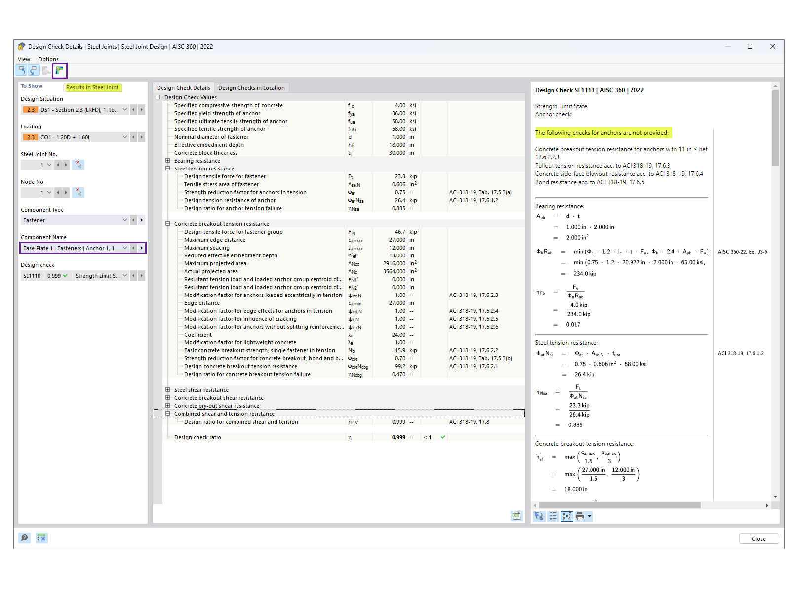 Anchor design verification details showing stress distribution and calculations.