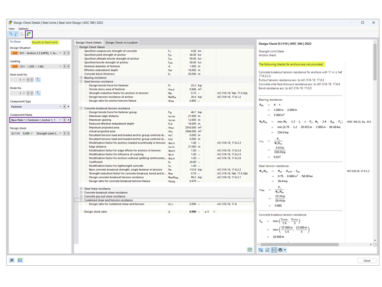 Anchor design verification details showing stress distribution and calculations.